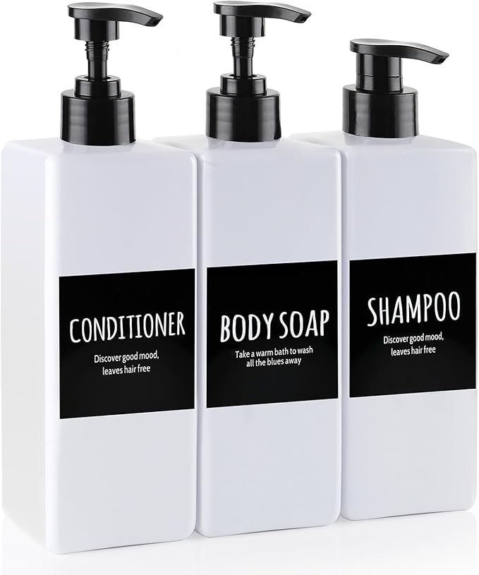 Shampoo and Shower Soap Dispenser - Shower Soap Dispenser -16.9 Fluid Ounce Set, 3 Plastic Bottles - Black Pump - Conditioner Dispenser, Suitable for Bathroom and Kitchen Soap Dispensers