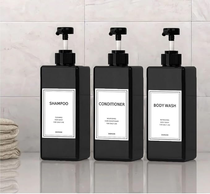 Modern Shampoo and Conditioner Dispenser (21 oz, Pack of 3) Refillable Pump Bottle Set Empty Shower Plastic Bottles with Pump for Bathroom Body Wash Soap and Shower