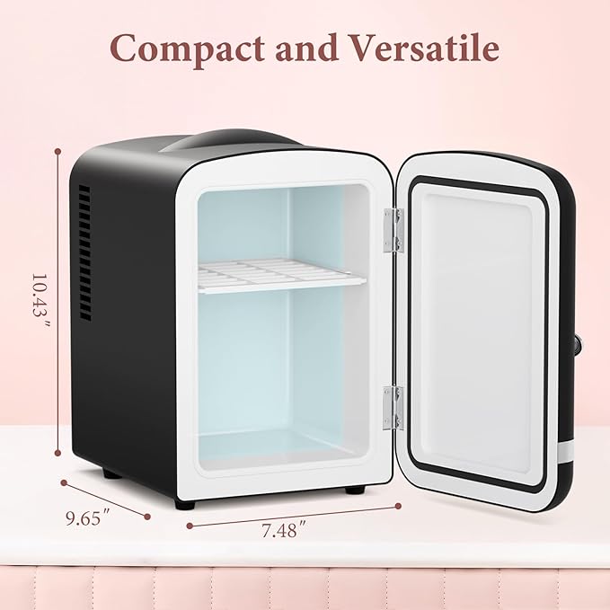Xbeauty Retro Mini Fridge, Compact Refrigerator with 4L Capacity/6 Cans，Cooler & Warmer, Removable Shelf for Skincare, Beverages, Cosmetics, Perfect for Dorm, Bedroom, Black