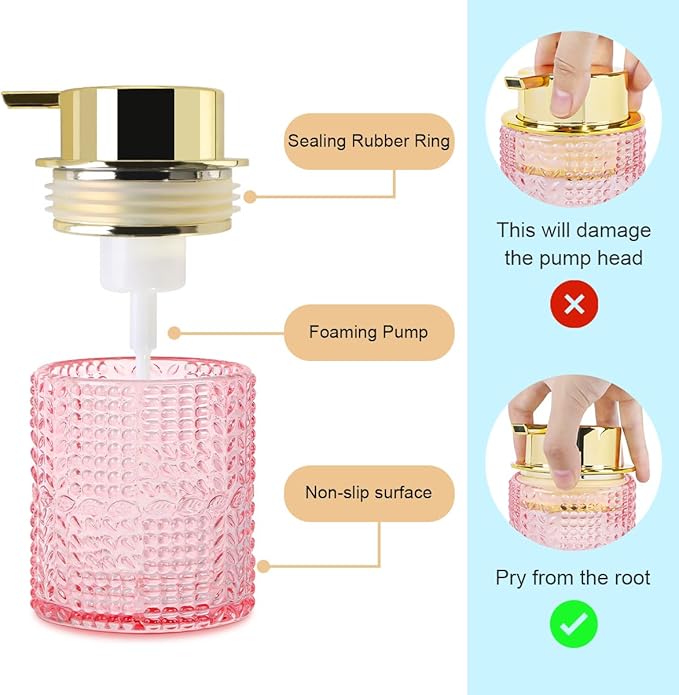 Glass Foaming Soap Dispenser,10oz Refillable Bathroom Foam Hand Soap Dispenser for Bathroom Countertop Kitchen (1, Pink)