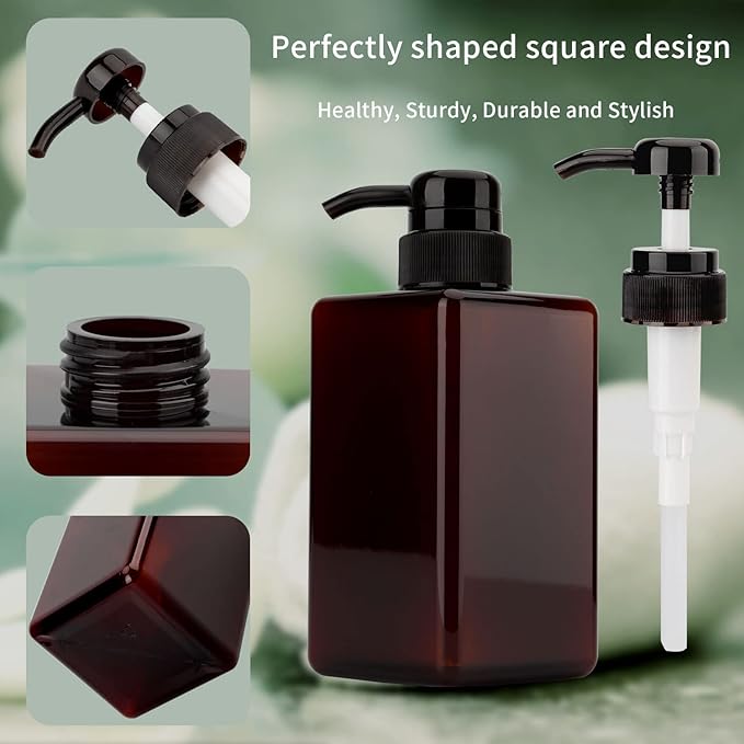 450ml (15.2oz) Pump Bottle Dispenser Jansburg 2Pack Refillable Square Plastic Lotion Dispenser Empty Lotion Pump Bottle for Essential Oil Soap Lotion Shampoo, Bathroom/Kitchen/Travel Amber