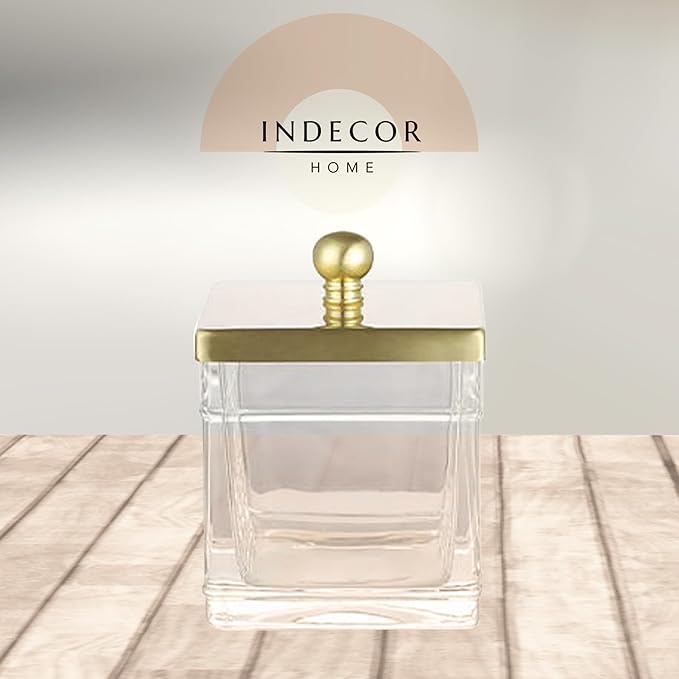 Clear Transparent Hotel Style Apothecary Tempered Glass Canister Jar W/ Gold Metal Lid Cover, Classic Countertop Organizer for Cotton balls/pads, Floss Picks, Makeup Storage