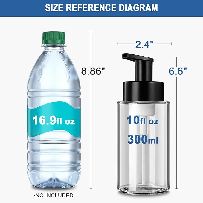 Foaming Soap Dispenser, 10 oz/300ml Foaming Hand Soap Dispenser, 2 Pack Glass Foaming Soap Dispenser for Bathroom & Kitchen, Clear Refillable Foam Soap Dispenser Bottle with Waterproof Labels