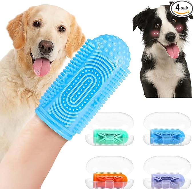 Dog Finger Toothbrush 4-Pack – Pet Tooth Brushing Kit for Dogs & Cats, Puppy & Adult Dental Care – Soft Silicone Finger Brushes for Teeth Cleaning (Blue, Green, Orange, Purple)