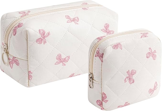 2 Pcs Quilted Cotton Makeup Bag Set, Small Aesthetic Cosmetic Bag with Bow Pattern, Cute Makeup Pouch for Purse, Kawaii Trendy Preppy Travel Toiletry Bag for Women and Girls(19 Pink Bow Set)