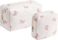 2 Pcs Quilted Cotton Makeup Bag Set, Small Aesthetic Cosmetic Bag with Bow Pattern, Cute Makeup Pouch for Purse, Kawaii Trendy Preppy Travel Toiletry Bag for Women and Girls(19 Pink Bow Set)