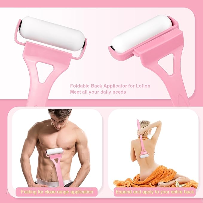 Lotion Applicator for Back, Backs Lotion Applicator for Women and Men with 3 Reusable Washable Foam Rollers, Long Curved Handle Sunscreen Applicator for Back(Pink)