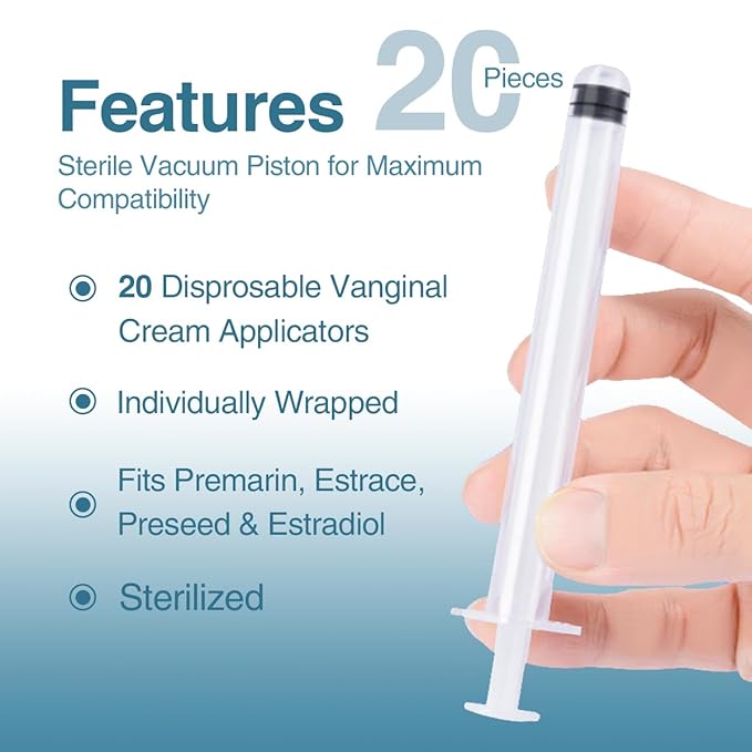 20 Pack Disposable Plastic Vaginal Cream Applicators, Individually Wrapped Hygienic Injector Applicator to Fit Preseed Lubricant, Estrace, Contraceptive Gels, Personal Lube, OTC Gel or Cream