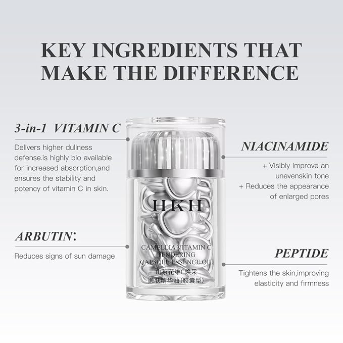 Triple Vitamin C Serum Capsules For Face: Dark Spots Correction with Camellia Niacinamide VE Anti-Aging Skincare Serum For Women - 28 Capsules To Tighten Sagging Skin And Fine Lines