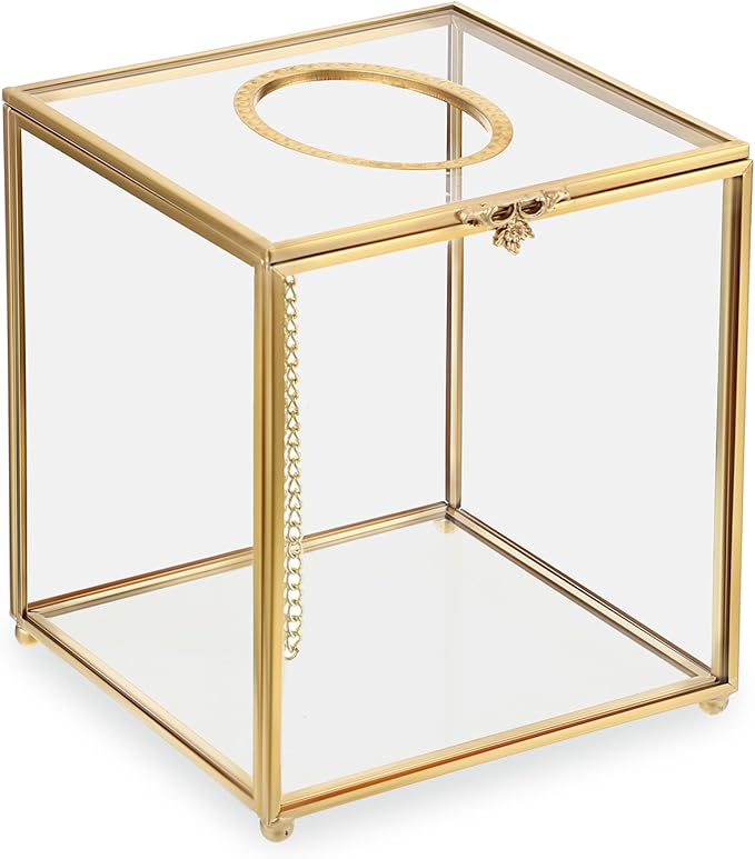 Sumnacon Square Clear Glass Tissue Box Cover -Dainty Cube Tissue Box Holder, Gorgeous Gold Facial Tissue Holder for Dresser Bathroom Bedroom Home Office Bar Restaurant Decor