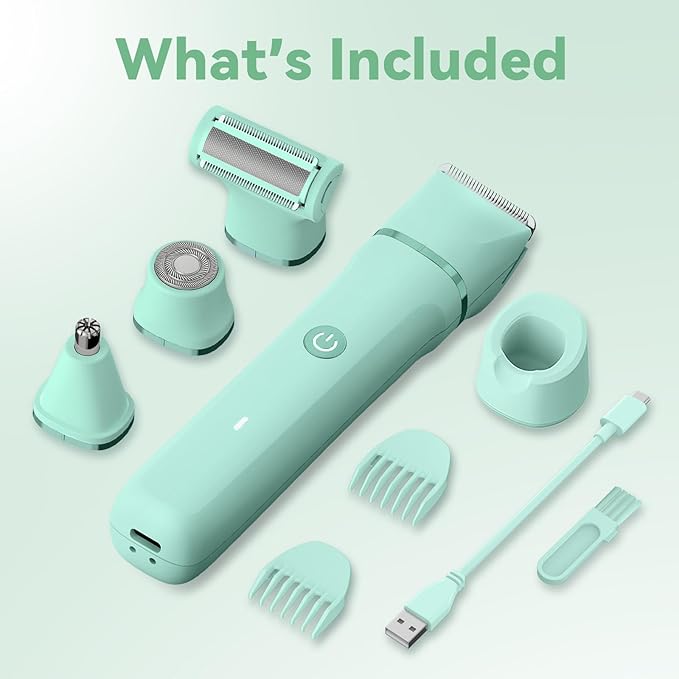 4 in 1 Electric Bikini Trimmer for Women - Wet/Dry Electric Razors for Women, Shaver with Ceramic Blades, Pubic Hair Trimmer, Facial Hair Remover & Nose Trimmer, Gifts (Green)