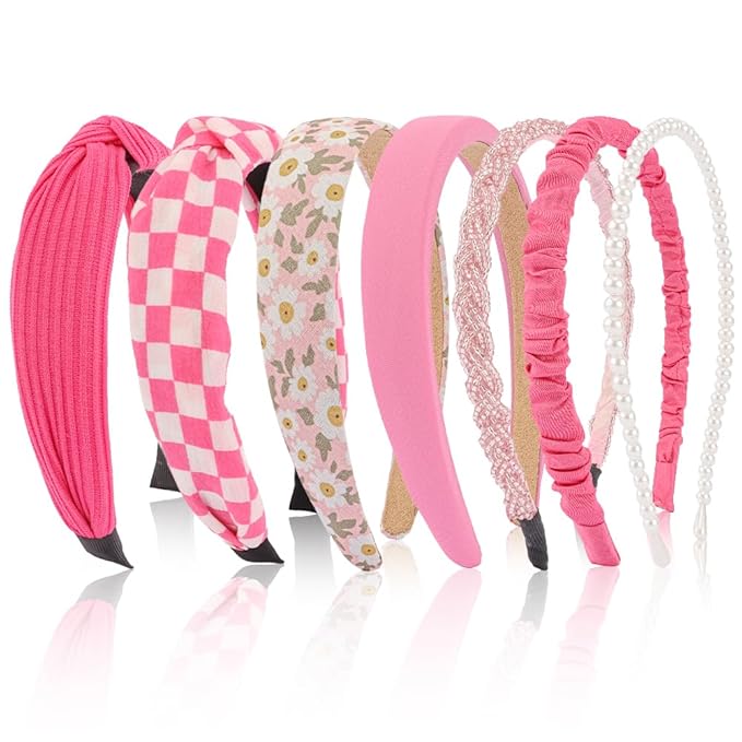 AHONEY 7 Pack Hot Pink Headbands for Girls Women Headbands Trendy Checkered Non Slip Cute Y2K Hair Accessories Multi-style Headband Pack Diademas Para Mujer