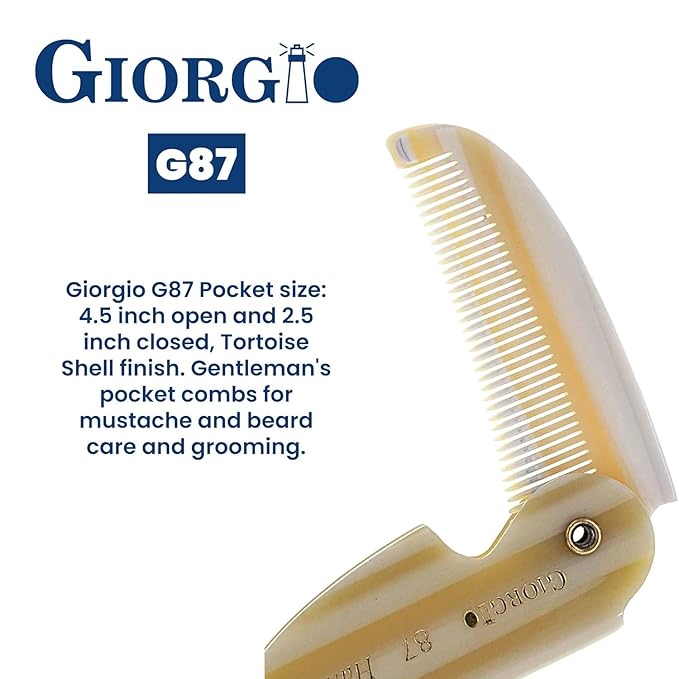 Giorgio G87IVY 2.5 Inch Men's Folding Pocket Comb Ivory - For Hair, Beard Grooming and Styling - Flexible Cellulose, Saw-cut & Hand Polished + 6 Inch Beard Brush
