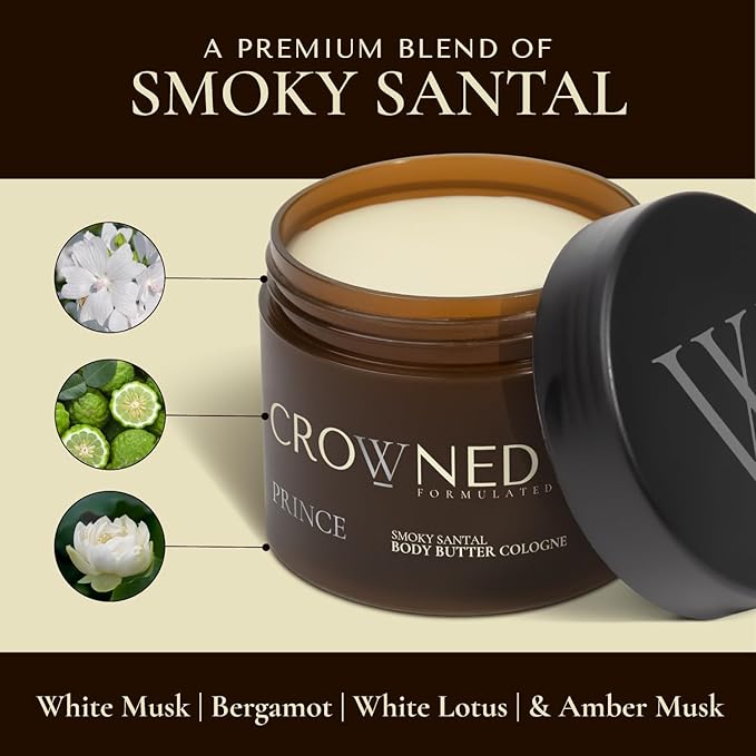Crowned Skin Prince Body Butter Cologne for Men | Oceanic & Woody | New Moisturizing Formula Scented with White Musk & Bergamot | Infused with Natural Shea & Mango Butters | All-Day Fragrance | 4.4oz