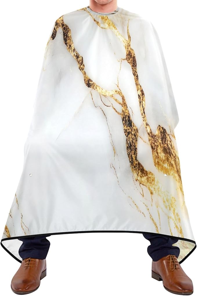 White Gold Marble Professional Barber Cape with Adjustable Neckline, Waterproof Hairdressing Salon Cape for Men Women Kids - 65" x 55" Beard Apron Shaving Kits for Salon and Home Use