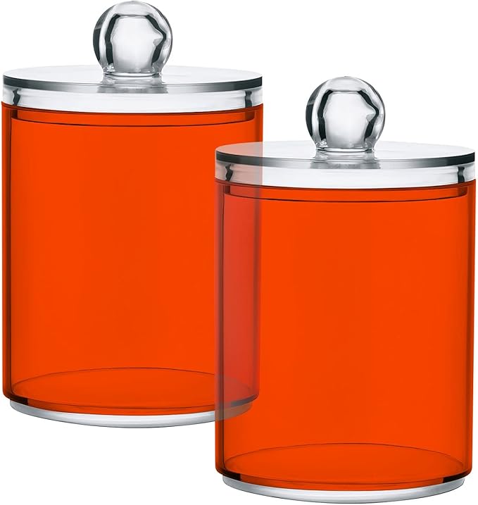 Orange Red Qtip Holder Organizer Dispenser Cotton Swabs Cans Plastic Jars with Lid Set 4 Pack Bathroom Storage Canister for Cotton Ball Floss Cotton Pads