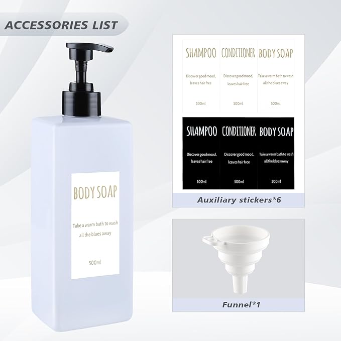 Shampoo and Conditioner Dispenser (Set of 2, 16.9oz) Modern Refillable Shampoo Pump Bottles for Shower Soap - Empty Body Wash Dispenser Set for Bathroom (White+Black)