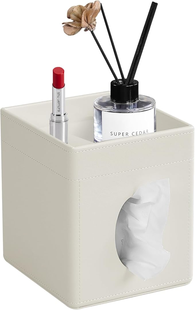 Tissue Box Cover, PU Leather Square Tissue Box Holder with Storage Tray for Bathroom Vanity Countertop Night Stands Bedroom Office Desk, Stylish Tissue Holder Decorative Organizer (Cream)