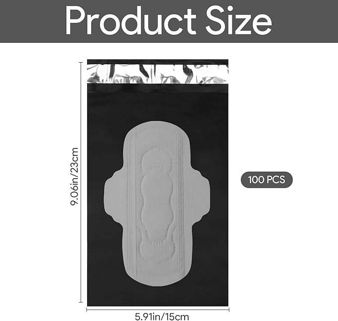 100 Pcs Sanitary Napkin Disposal Bags, Feminine Hygiene Period Bags for Tampons & Pads, Period Disposal for Teen Girls, Odor Blocker, Leak-Proof Sanitary Storage for Menstrual Products, Black