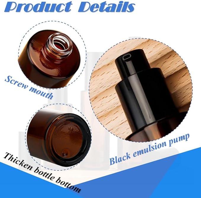 4Pcs 60ml Amber Lotion Pump Bottle Refillable Empty Glass Bottle Travel Size Cosmetic Containers for Liquid Soap, Shampoo, Conditioner, Serum