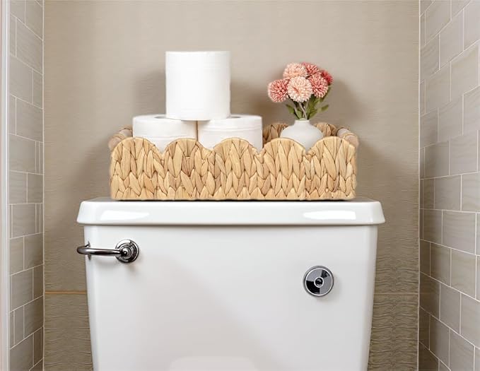 Decorative Toilet Paper Storage Basket, Modern Farmhouse Home Decor Scalloped Basket for Organizing, Pantry Baskets for Shelves, Countertop, Living Room, w/Wood Handles, Natural, 2 Sizes