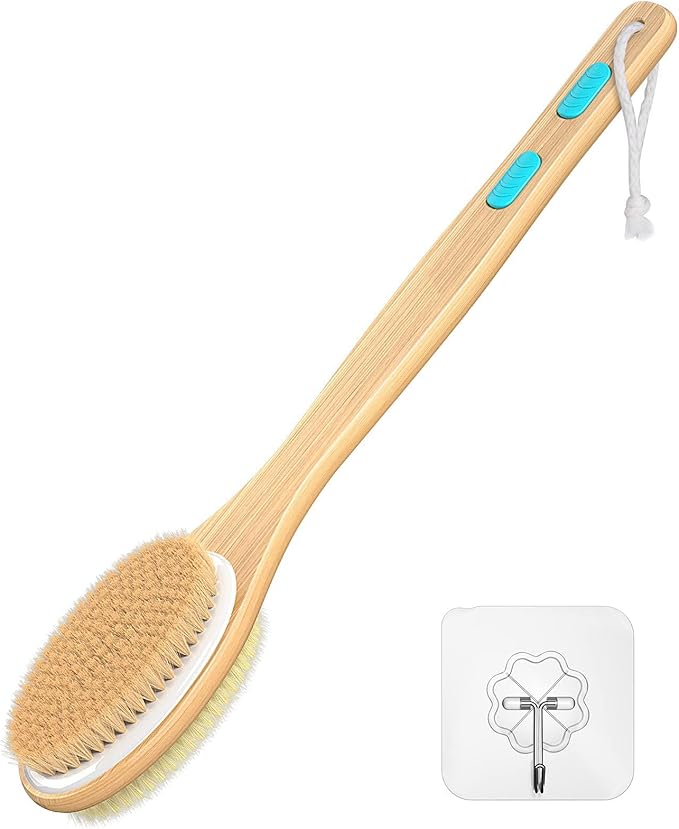 Back Scrubber for Shower, Long Handle Dual-Sided Shower Brush with Soft and Stiff Bristles, Body Exfoliator