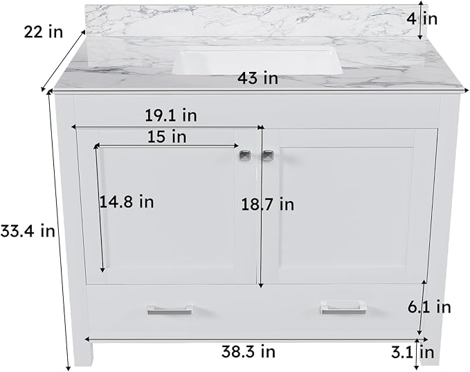 Montary 42" Bathroom Vanity with 43" Sintered Stone Carrara White Top, Modern Stylish MDF Bathroom Storage Cabinet, Vanity Set with 2 Doors and One Large Divided Drawer, White (Three Holes)