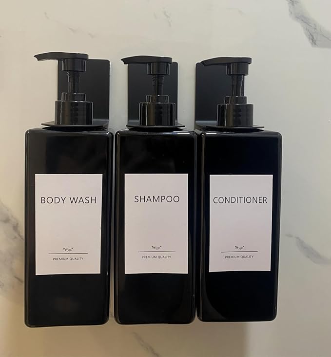 Shampoo and Conditioner Dispenser Set, 3Pack Refillable Shampoo and Conditioner Bottles with Labels, 500ml Soap Dispenser 16.9oz Shower Dispenser Square Pump Bottle for Bathroom and Kitchen - Black