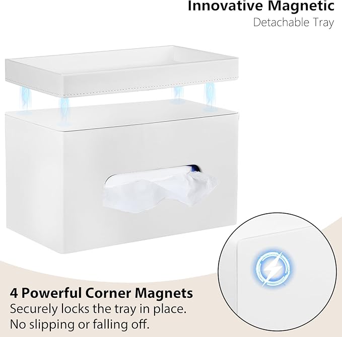 Fanousy Large Tissue Box Cover Rectangle with Tray on Top, PU Leather Facial Tissue Holder with Storage, Fits 230-Count Family Size Kleenex, Modern Nightstand Organizer for Bathroom Office Home Decor