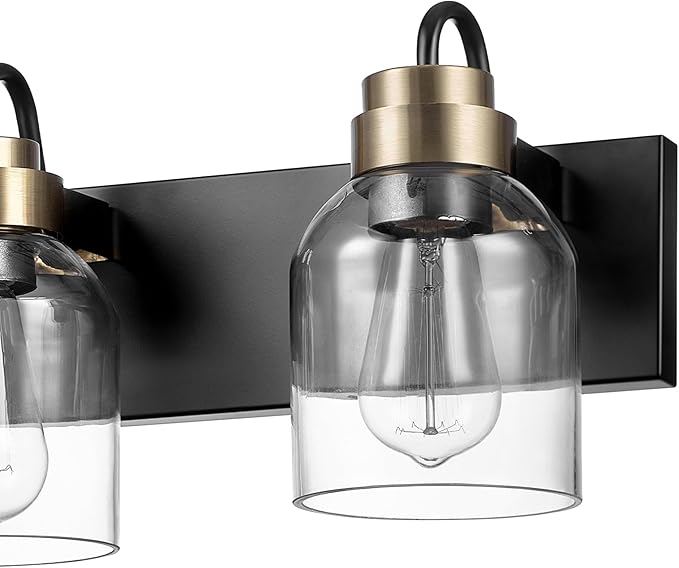 Globe Electric 63000200 22" 3-Light Vanity Light, Matte Black, Matte Brass Accents, Glass Shades, Beauty Room Accessories, Lights for Bathroom, Powder Room Lighting, Bathroom Lights Over Mirror