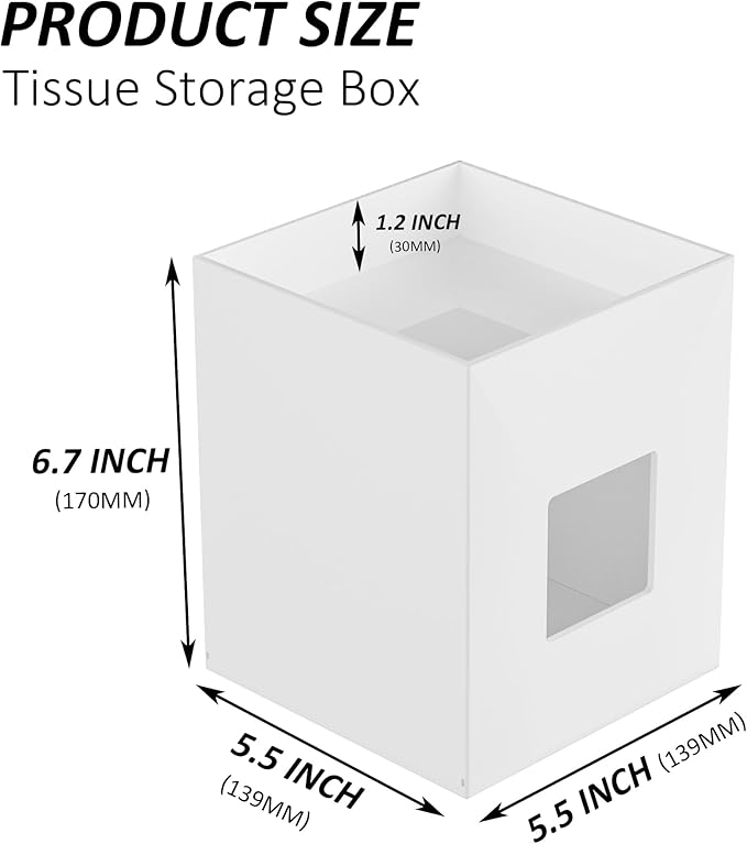 White Acrylic Tissue Box Cover with Storage Tray,Square Acrylic Tissue Box Holder Napkin Dispenser for Bathroom Kitchen Home Office(White, 5.5x5.5x6.7)
