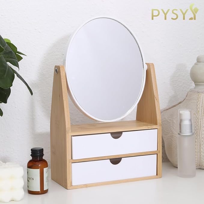 1x / 5X Magnifying Makeup Mirror, Jewelry and Cosmetics Storage Box with Double Drawers, Adjustable Natural Bamboo Stand, 360° rotatable Vertical Desktop Mirror (1, Oval)