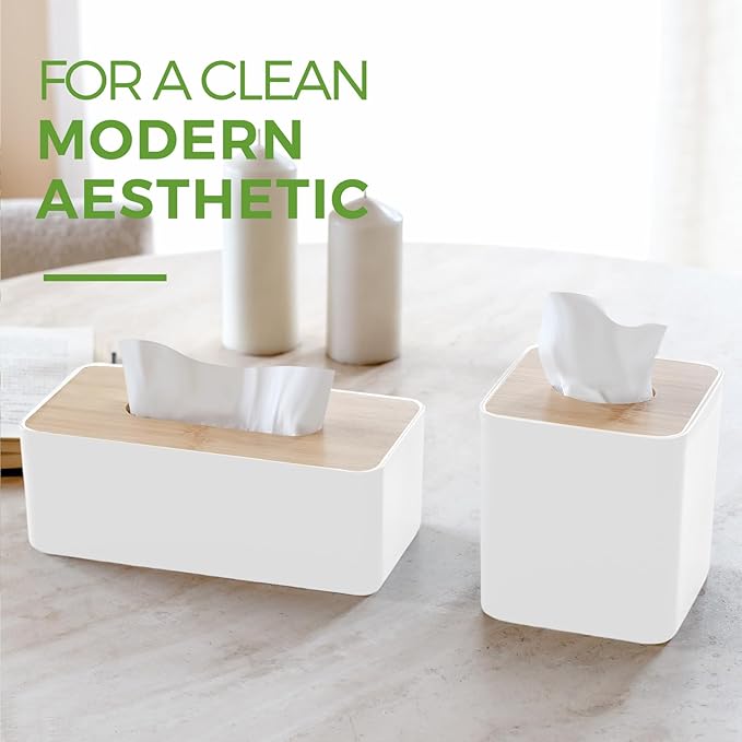 Tissue Box Cover, Rectangle Tissue Box Holder with Bamboo Cover Plate for Bathroom Bedroom, Decorative Tissue Box Covers for Home Decor Office, White