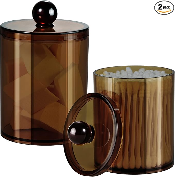 SheeChung 2 Pack Acrylic Qtip Holder,Amber Canister Apothecary Jars with Lids,10oz Qtip Dispenser Bathroom Set,Clear Plastic Vanity Storage Canisters for Cotton Swabs,Balls,Pads
