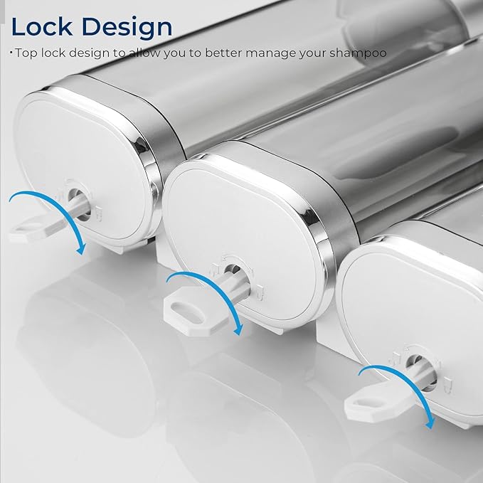 Shampoo and Conditioner Dispenser, Pollock Shower Soap Dispenser 3 Chamber No Drill, Wall Mounted Shampoo Body Wash Conditioner for Bathroom Large Capacity Silver