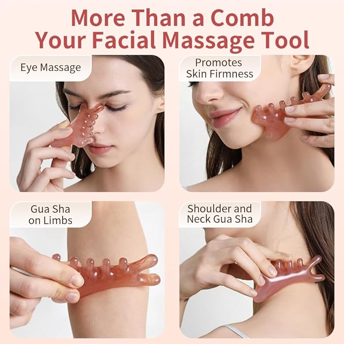 TAIHI 4-in-1 Massage Comb Pink Gua Sha Facial Tools Head Massage Combs Neck Body Face Eye Massager Tool for Body Tension Relief Promote Lymphatic Circulation Gifts for Women Men