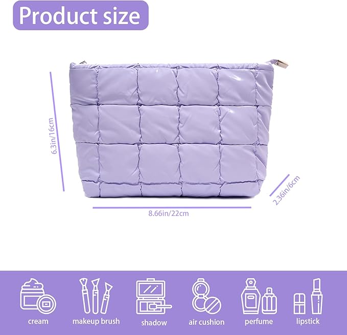 Puffer Quilted Makeup Bag Cosmetic Bag Travel Portable Puffy Checkered Toiletry Pouch Skincare Organizer Purse (Purple)