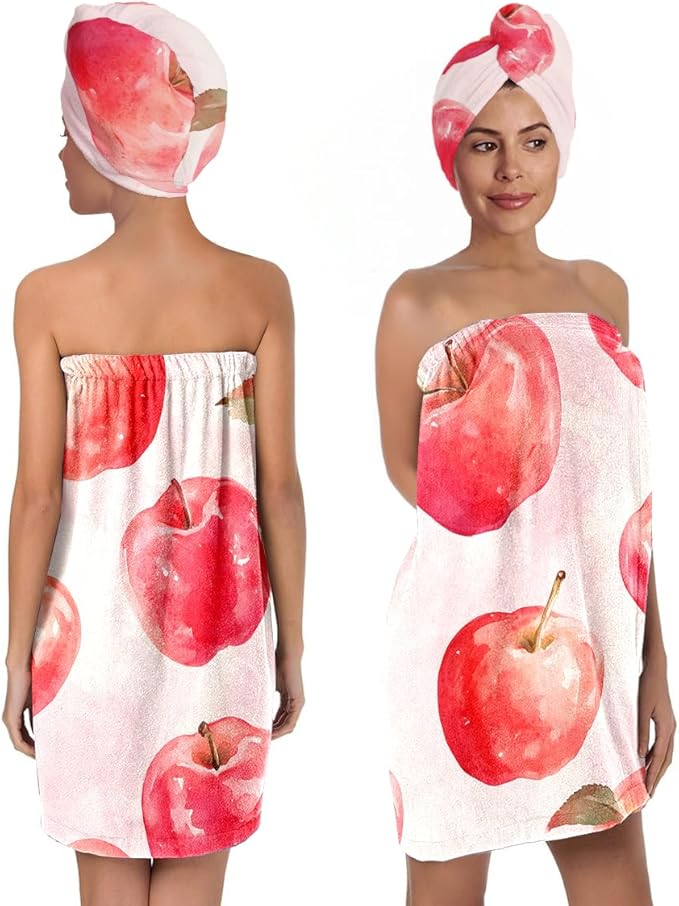Women’s Watercolor Apple Bath Wrap and Hair Towel Set, Soft Absorbent Microfiber Shower Body Skirt with Elastic Closure, Quick-Dry Lightweight Spa Toweling for Home, Gym & Travel (Apple 2)