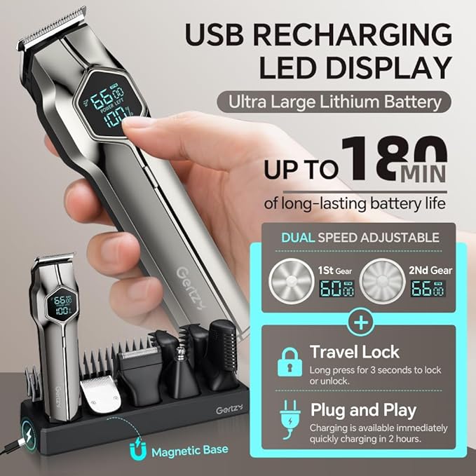 GERTZY 5-in-1 Electric Beard Trimmer Magnetic Replacement Heads, Professional Cordless Hair Clippers for Men Rechargeable, IPX7 Waterproof Grooming Kit for Mustache, Body, Nose, Gifts for Men (Silver)