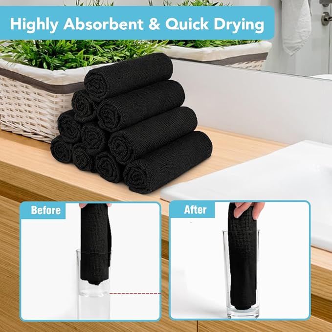 Orighty Washcloths, 20 Pack Microfiber Face Towels, Highly Absorbent and Soft Feel Wash Cloths & Hand Towels for Bathroom, Hotel, Spa, and Gym, 11.5x11.5 Inch, Black