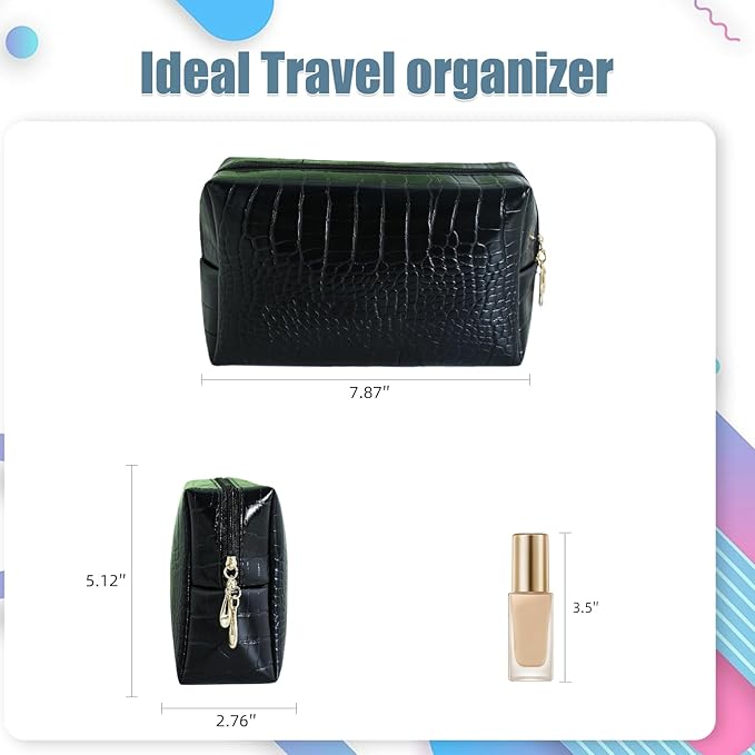 Makeup Bag for Purse, Compact Toiletry Pouch, Crocodile-Embossed Cosmetic Travel Bag, Small Makeup Pouch, Unisex Toiletry Travel Bag