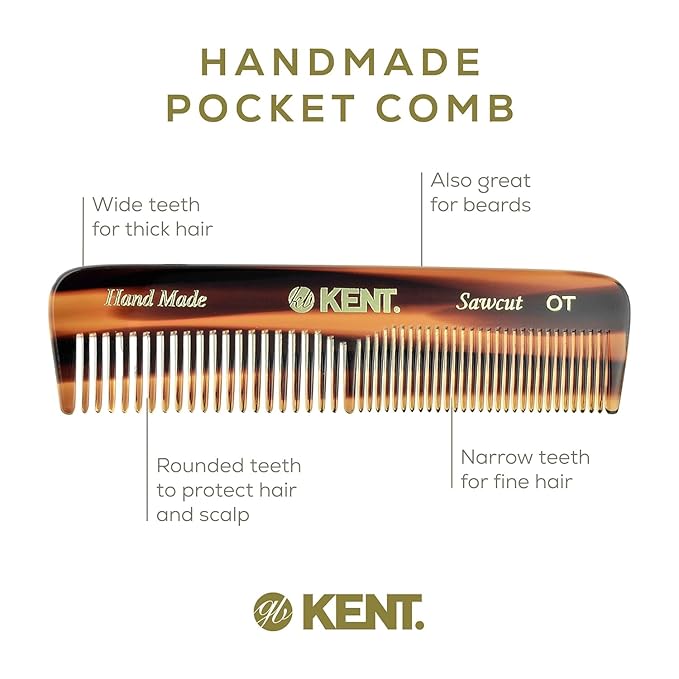 Kent OT Pocket Comb - Handmade Fine and Wide Tooth Hair Comb for Men, Women, and Kids - Travel, Beard, and Mustache Comb - Saw Cut and Hand Polished Made in England