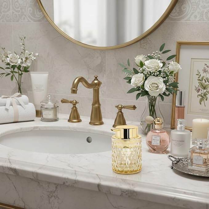 Amber Foaming Soap Dispenser, Glass Soap Dispenser with Gold Pump, Bathroom Refillable 10 Oz Lotion Shampoo Pump Container Vintage Diamond Bottle for Bathroom and Kitchen