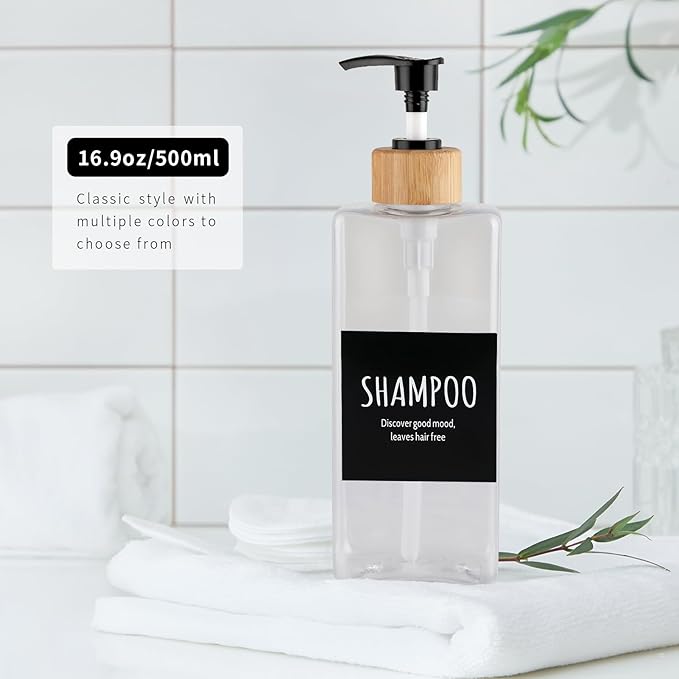 Shampoo and Conditioner Dispenser, Set of 3 16.9oz Refillable Shower Bottles Soap Dispenser with Waterproof Labels, Empty Plastic Bamboo Pump Body Wash Dispenser Set for Bathroom Hotel Tawny