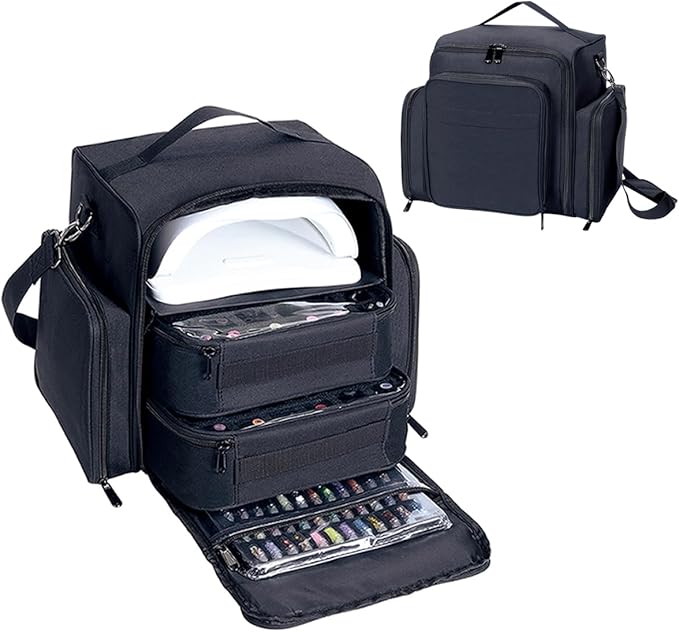 Nail Polish Organizer Holds 60 Bottles and a Nail Lamp,Portable Travel Case with 2 Removable Bags and Tools Storage Pockets Black