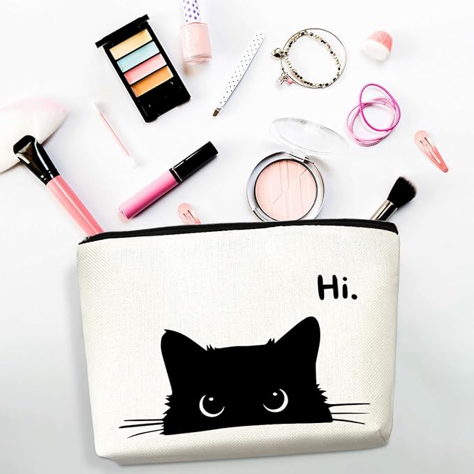 Cute Cat Makeup Bag, Kitty Canvas Cosmetic Bags Zipper Pouch Travel Toiletry Bag, Black Cat Gifts for Women Girls Daughter Sisters Coworker Friends Christmas Thanksgiving Birthday Gifts