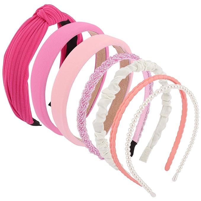 AHONEY 7 Pack Hot Pink Headbands for Girls Women Headbands Trendy Non Slip Hairbands Cute Hair Accessories Multi-style Headband Pack Diademas Para Mujer