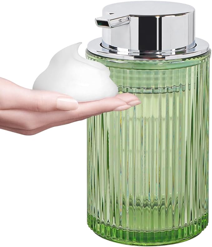 Foaming Soap Dispenser, 12 Oz Green Glass Foam Hand Soap Dispenser, Refillable Glass Foam Pump Bottle Container Decorative Slim Ribbed Bottle for Bathroom and Kitchen