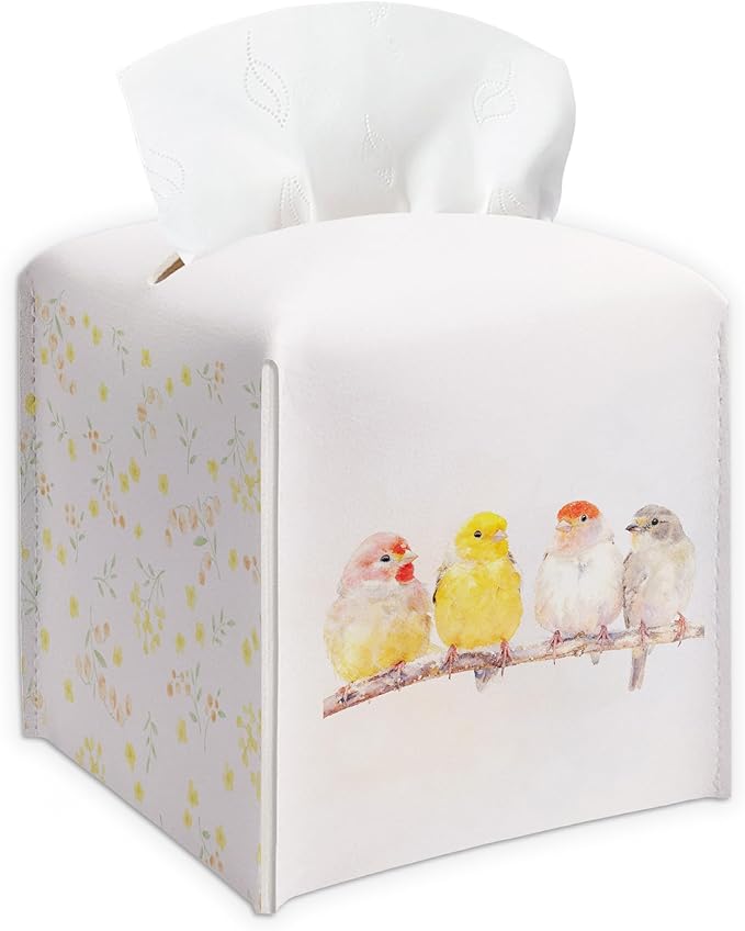 Cute Birds & Flowers Design Spring Tissue Box Cover - PU Leather Waterproof Tissue Holder - Facial Paper Organizer for Home Bathroom Office - Desk Seasonal Decorative Dispenser Box-B01
