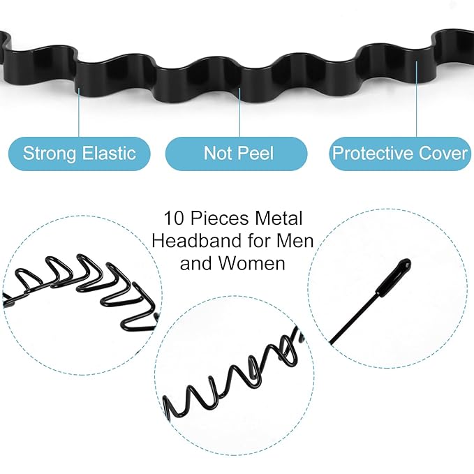 fenshine 6PCS Metal Hair Bands, Spring Wavy Hoop Unisex Black Headband Slicked Back Non Slip Sports Hairband for Women Men…